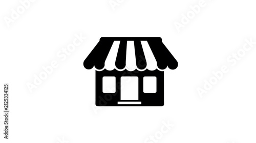 A simple, clean black and white icon representing a storefront or shop. The awning features alternating dark and light stripes, and the building has a doorway and two windows