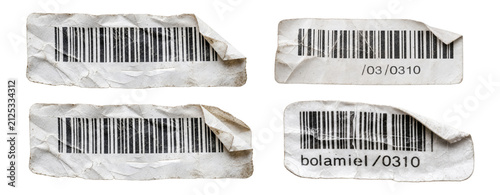 Crumpled paper barcode labels with peeling corners set on transparent background.