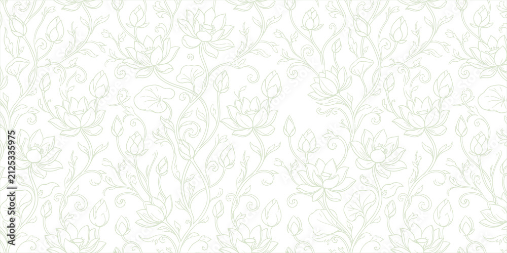 Fototapeta premium floral line art pattern featuring soft green lotus flowers and vines on a white background.
