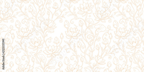floral line art pattern featuring soft beige lotus flowers and vines on a white background.
