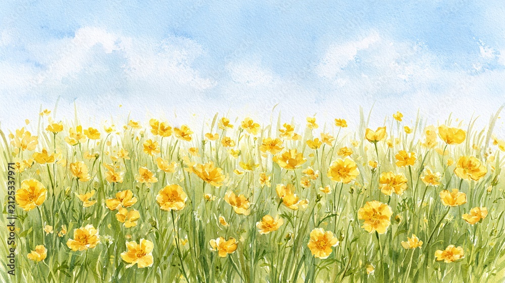 Fototapeta premium Vibrant watercolor painting captures a sunny meadow of yellow blossoms and lush green grass under a soft blue sky with fluffy white clouds, evoking a serene and joyful spring day