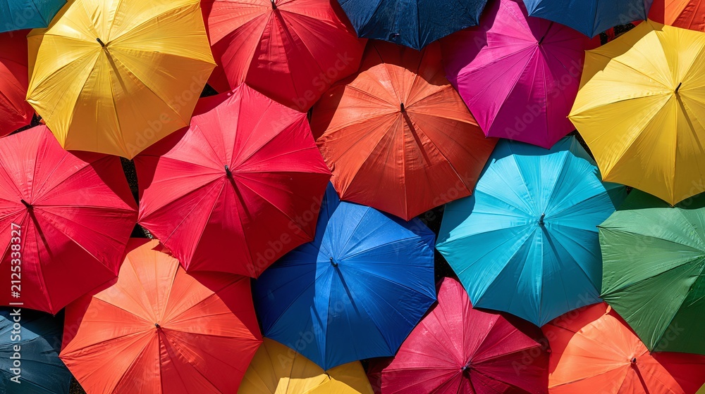Obraz premium Vibrant and Colorful Umbrella Canopy Display, Brightly Hued Parasols Create an Abstract and Cheerful Background Texture, Perfect for Artistic and Lively Design Projects