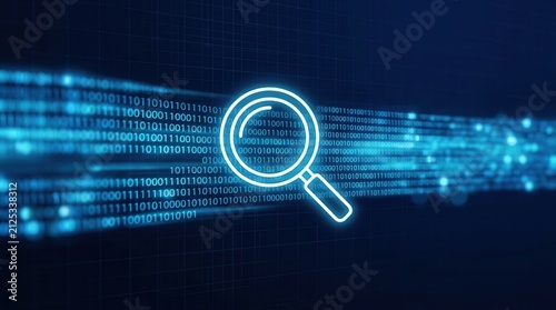 Cybersecurity concept showing a magnifying glass searching through glowing blue data streams for virus detection.