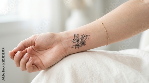 Close up of a small detailed tattoo design on a wrist with a clean background.