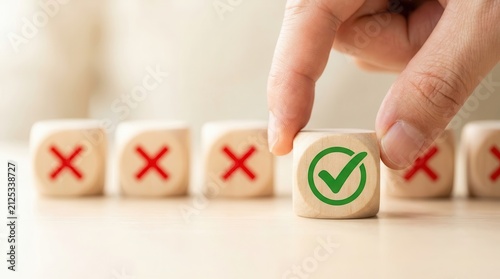 Checkmark and cross icons on cubes for project feasibility and regulatory compliance.