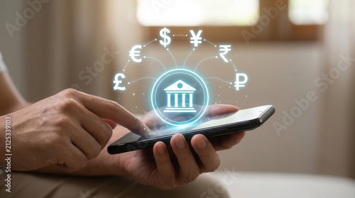 Mobile finance technology showing a bank icon and various global currency symbols.