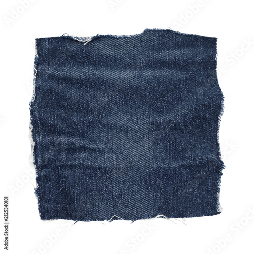 Square denim fabric patch with frayed edges on transparent background