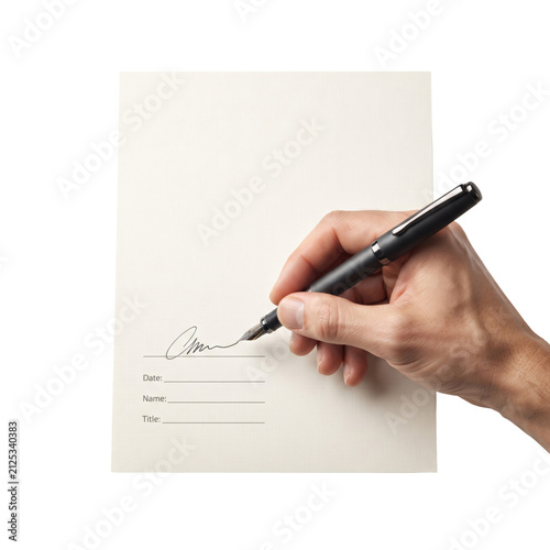 Hand signing document with black fountain pen on paper