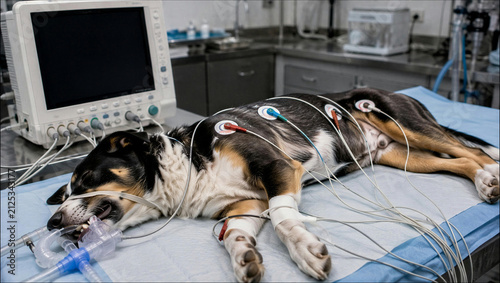 Sedated dog lying on operating table connected to vital signs monitoring equipment during veterinary procedure with while connected medical lying surgical