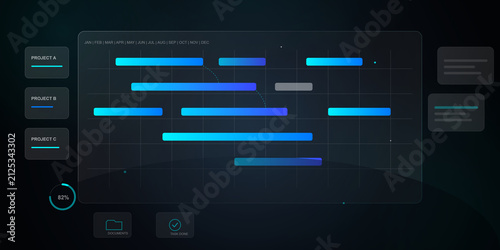 Digital project management dashboard interface with gantt chart on transparent background