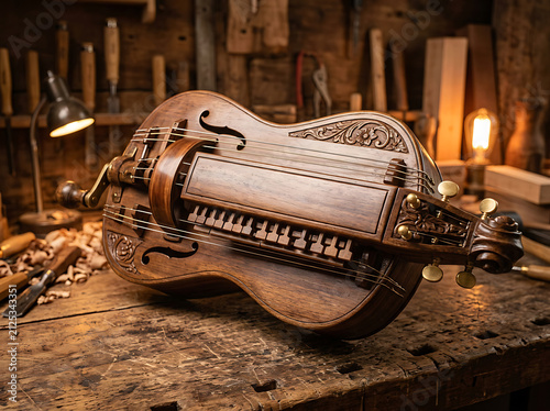 Handcrafted wooden hurdy gurdy instrument sitting on a rustic workbench in a luthier workshop.