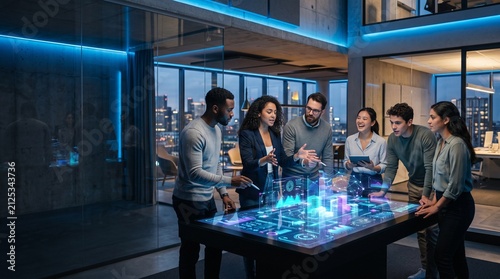 Futuristic Tech Meeting: A diverse team of professionals collaborates around a glowing holographic display, discussing data and innovation in a modern, high-tech office setting.