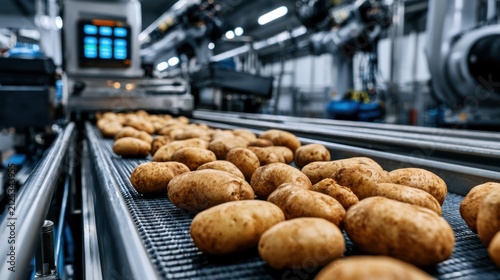 Potatoes on a conveyor belt in a modern agricultural factory for automated packaging and quality control.