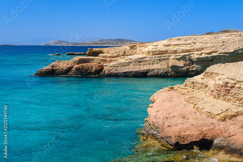 Rocky coastline with Aegean Sea, Koufonisi, Cyclades, Greece