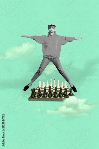 Bild auf Leinwand Image creative vertical art collage of happy girl guy stand chess board game win