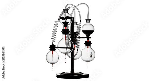 Vintage laboratory glassware distillation kit, antique chemistry glass apparatus, scientific research equipment setup isolated PNG with Transparent Background
