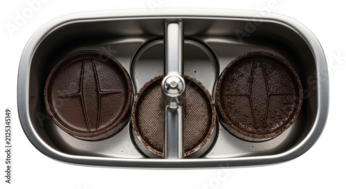 Professional espresso knock box with used coffee pucks, stainless steel barista waste bin, espresso grounds disposal isolated PNG with Transparent Background