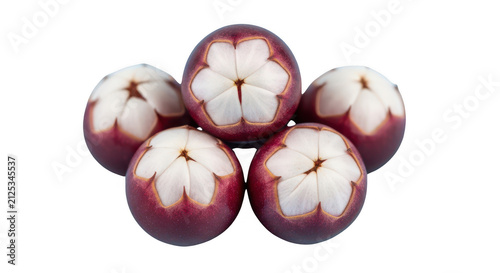 Fresh mangosteen fruit group, peeled purple mangosteen showing white segments, tropical queen of fruits for healthy diet isolated PNG with Transparent Background