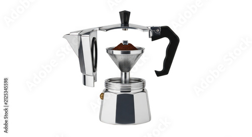 Classic moka pot exploded view, disassembled aluminum espresso maker parts, traditional Italian coffee brewer components isolated PNG with Transparent Background