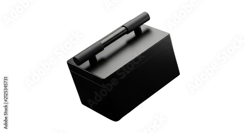 Minimalist black metal toolbox, sleek industrial storage container with handle, modern matte hardware chest isolated PNG with Transparent Background