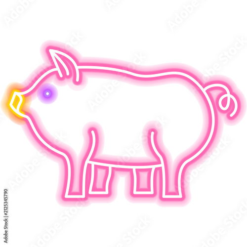 Pink Pig Neon Sign. Glowing Icon. Pork Meat. Illustration of Country Farm Animal and Food Grill BBQ Concept Object.
