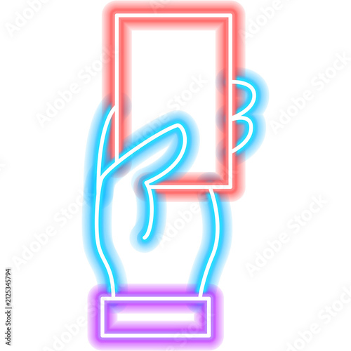 Hand Holding Red Card Neon Sign. Glowing Icon.Illustration of Arbiter Soccer and Football Referee Concept Object.