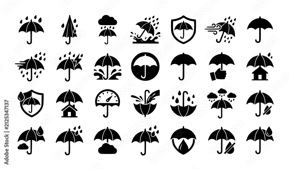 Obraz premium Minimal Rain Protection Umbrella Symbol Collection Black Vector Icon Set