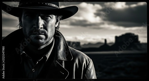 Cinematic Portrait of a Rugged Cowboy in the Wild West Desert Landscape