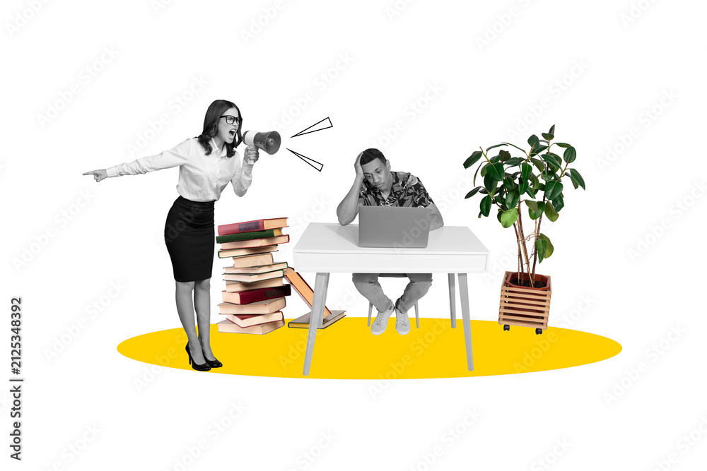 Fototapeta premium 3d banner image pop photo collage of angry teacher girl scream loudspeaker book stack upset student man sit desk laptop e-learning