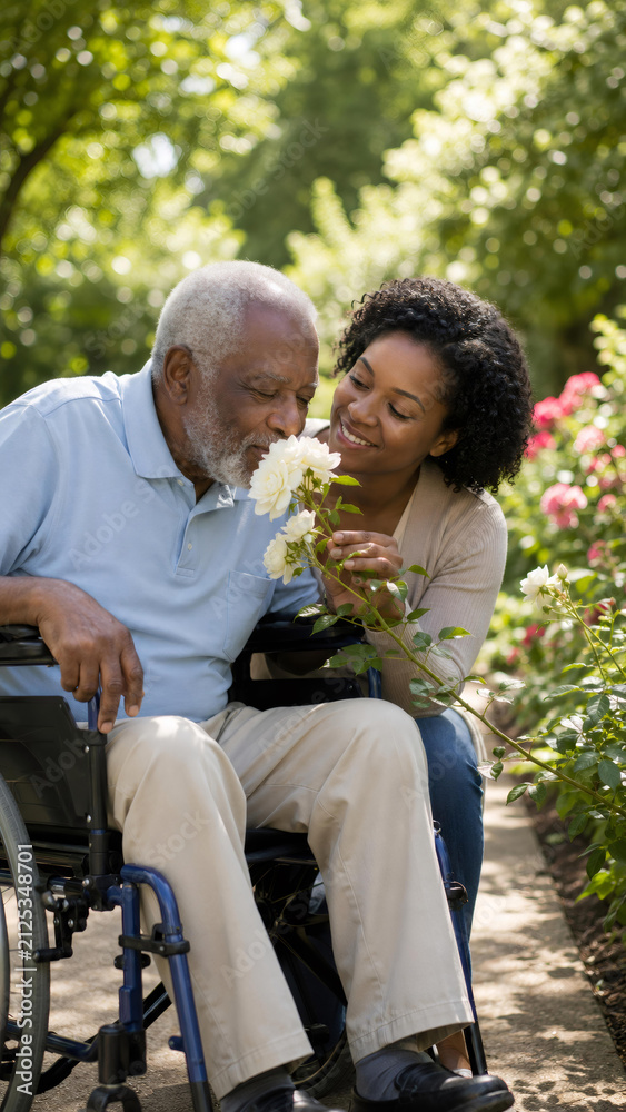 Fototapeta premium Young African American woman comforting elderly African American man in wheelchair. Woman helping senior man smell rose in peaceful garden. Palliative care and compassionate support.