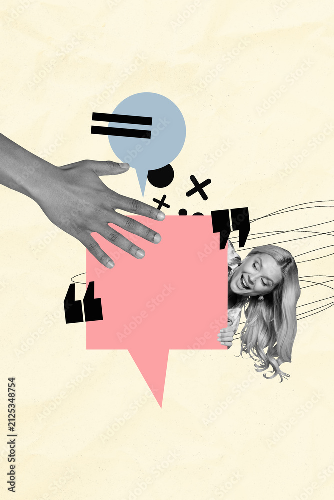 Obraz premium Template sketch image artwork collage of hand hold speech cloud quote sticker dialog note speech young woman happy smile head appear peek