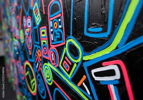 Vibrant abstract modern painting with neon lines and textures