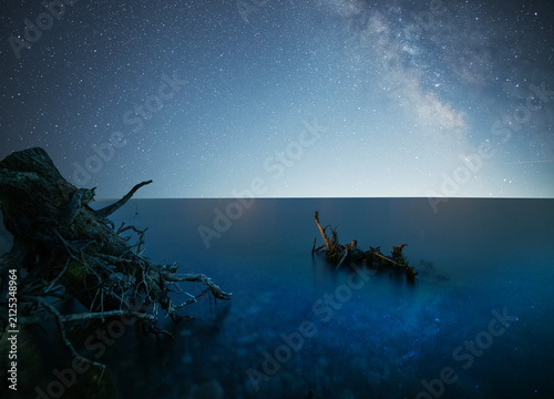 Milky Way  galaxy on the sky over the lake and mountains Space, night landscape.