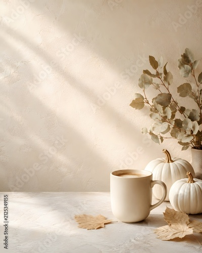 Minimalist halloween background with a warm cup of coffee white pumpkins and dried autumn leaves on table