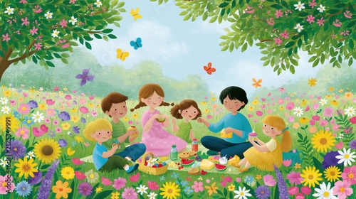 Children enjoy picnic in a colorful flower field surrounded by trees under a bright sky with butterflies flying around