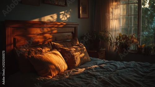 Moody bedroom with rumpled bedding in warm evening sunlight