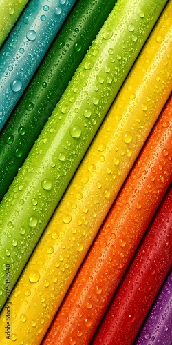 Colorful Rainbow Tubes with Water Droplets Macro Abstract Background for Mobile Wallpaper, Vibrant Wet Texture and Modern Gradient Design