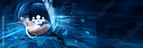 Businessman Hand Hold Human Resource and global management data networking. Corporate hr recruiting career, employee talent hiring interview, workforce personnel management