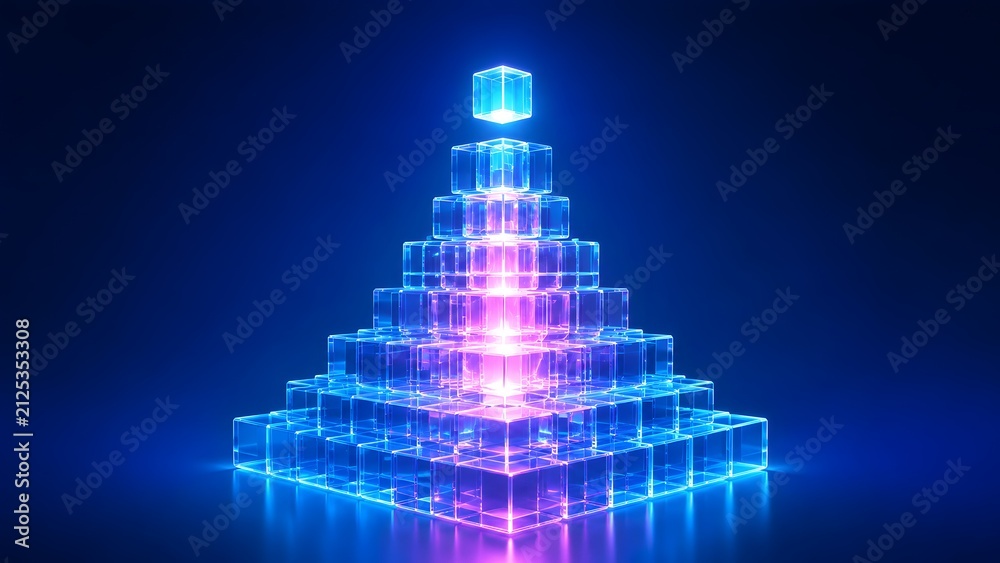 Fototapeta premium A futuristic digital pyramid structure built from glowing translucent cubes, symbolizing technological growth, data organization, and hierarchical business progression towards innovation and success.