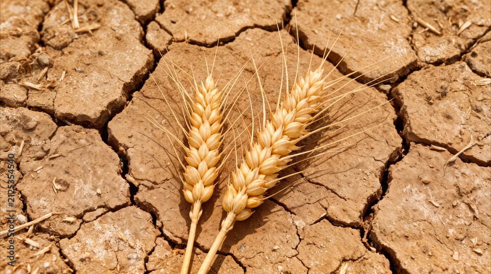 Obraz premium Wheat ears lying on parched cracked earth. Agricultural crisis and extreme drought concept.