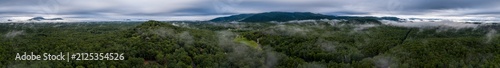 Aerial 360 degree panorama of the Appalachian mountains of Georgia, USA at sunrise with fog on the valleys.