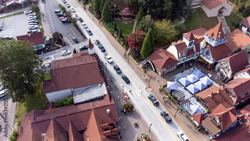 Aerial view of the German theme tourist town of Helen, Geeorgia. on a sunny day.