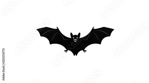 A black bat with its wings spread wide, flying in the night sky. The bat has sharp teeth and glowing eyes, giving it a spooky appearance