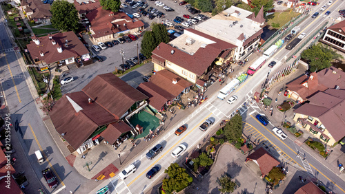 Aerial view of the German theme tourist town of Helen, Geeorgia. on a sunny day.