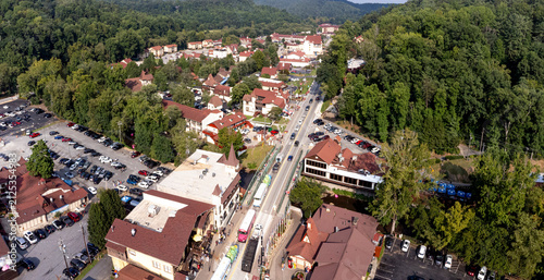 Aerial view of the German theme tourist town of Helen, Geeorgia. on a sunny day.