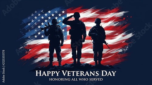 Three american soldiers standing in salute silhouette against a waving united states flag for a patriotic veterans day tribute