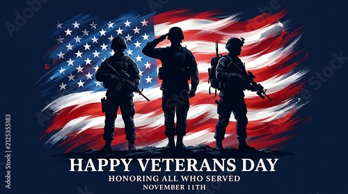 Silhouette of three soldiers saluting in front of a waving american flag for veterans day memorial celebration event