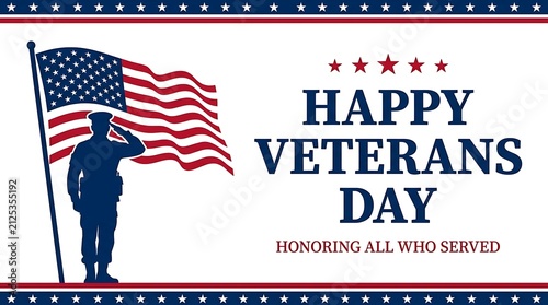 A patriotic veterans day greeting card featuring a saluting soldier silhouette and an american flag with text honoring service