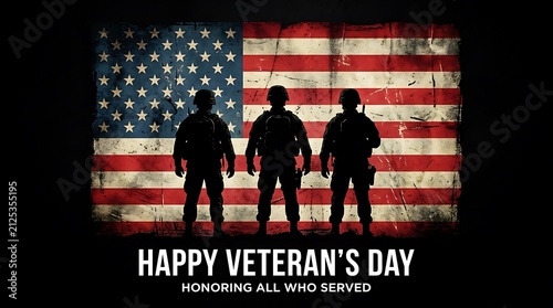 Three soldiers standing in silhouette against a distressed american flag background for a patriotic veterans day tribute design