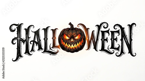 A spooky halloween text design featuring a glowing scary jack o lantern replacing the letter o on white background